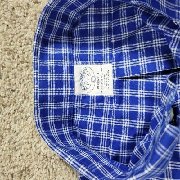 Brooks Brothers Shirt Mens 17 2/3 Blue Button Down Plaid Soft Oxford Regent Fit - Picture 2 of 7